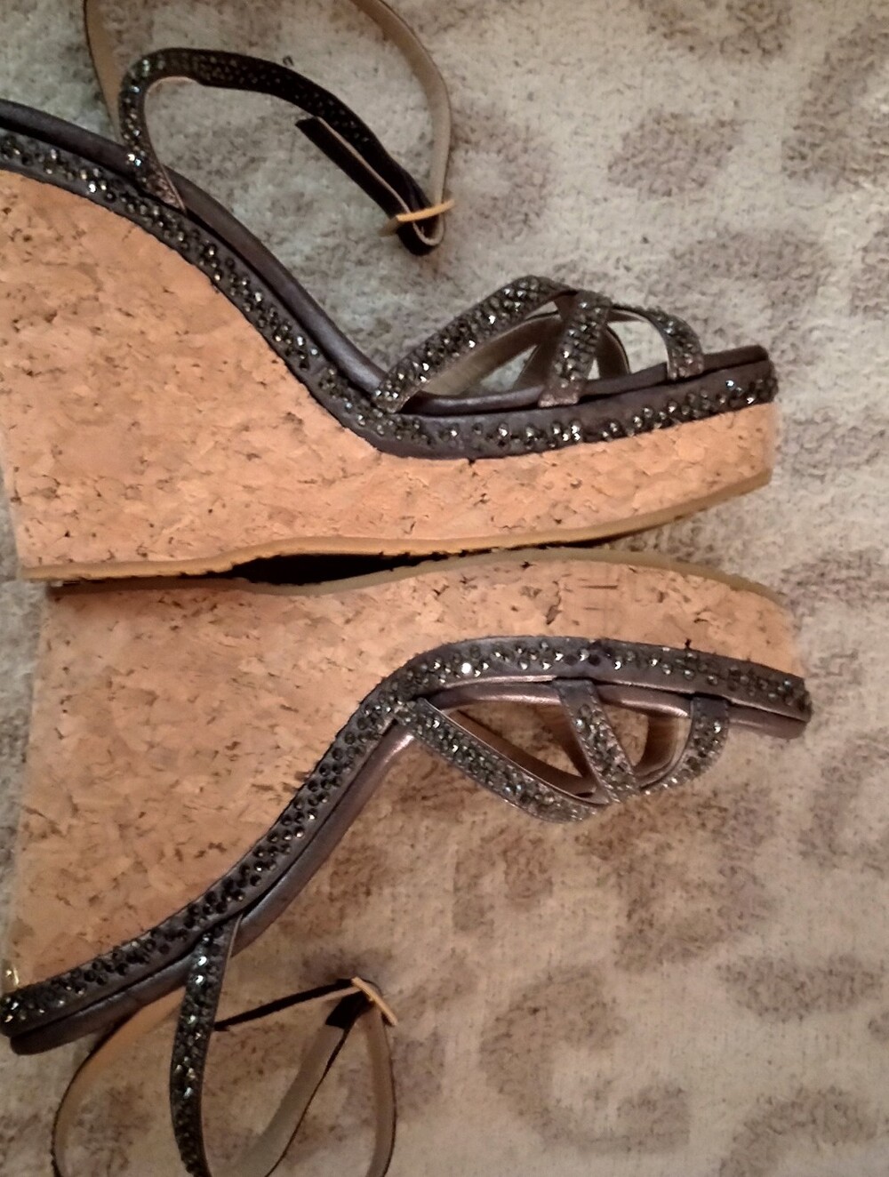 Jimmy Choo Bronze Metallic Crystal Strappy Wedge Sandals - Picture 7 of 9
